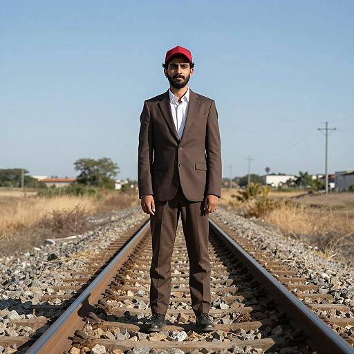 Man in Brown Suit Standing on Railroad Tracks