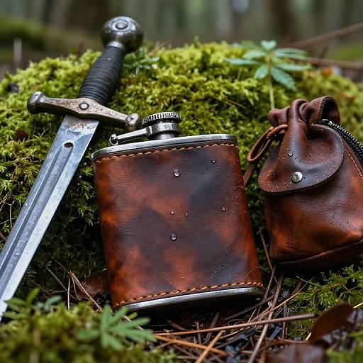 Photograph of a medieval-style sword, brown leather sheath with metal accents, and matching pouch on mossy forest floor.