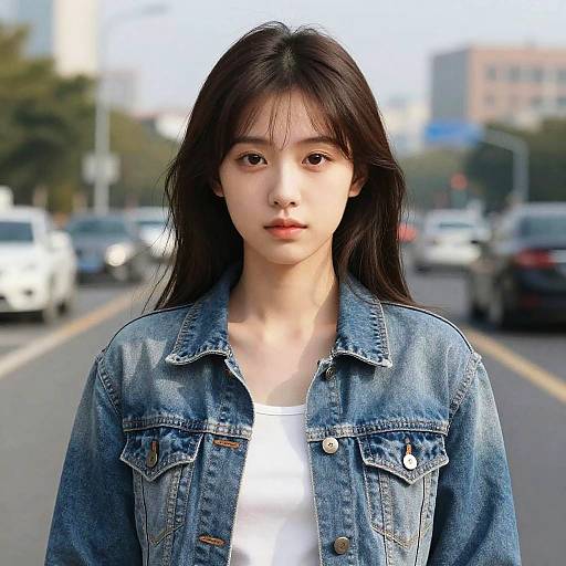 Photograph of an East Asian woman with long black hair, wearing a denim jacket over a white shirt, standing on a busy city street with blurred cars