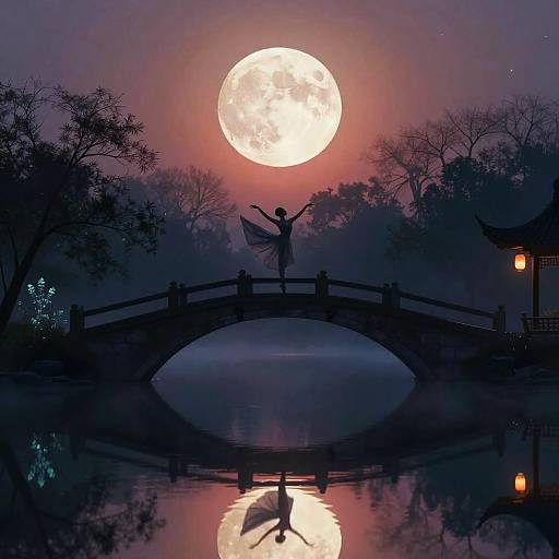 Silhouetted dancer with arms raised stands on bridge, reflecting full moon over serene pond, surrounded by misty trees and lanterns.