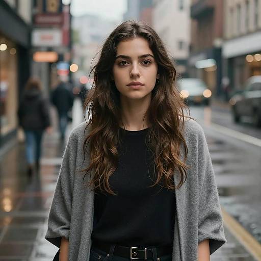 Photograph of a young woman with long, wavy brown hair, wearing a gray cardigan and black top, standing on a rainy city street with