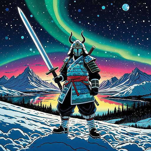 Samurai in icy tundra under northern lights