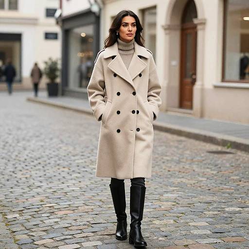 Woman in Beige Coat on Cobblestone Street