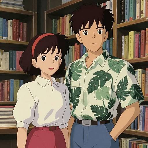 Anime-style drawing of a young couple in a library; girl in white shirt and red skirt, boy in green leaf-patterned shirt.