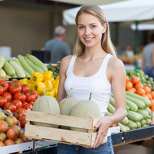 Photograph of a smiling young woman with long blonde hair, wearing a white tank top and blue jeans, holding a wooden crate of melons at an