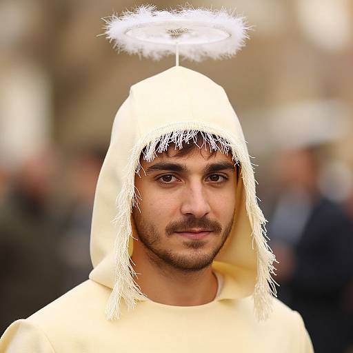 Photograph of a man with Middle Eastern features, brown eyes, light brown beard, wearing a yellow angel costume with a glowing halo. Blurred city