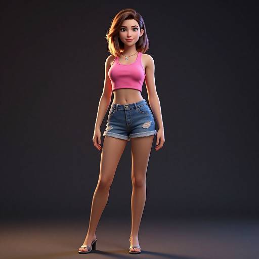 Digital CGI image of a young woman with long brown hair, pink crop top, and blue denim shorts, standing confidently against a dark gradient background, wearing