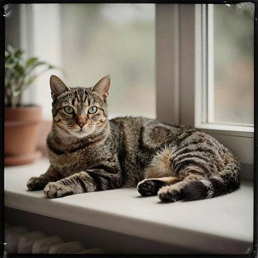 Photograph of a green-eyed, striped tabby cat lounging on a white windowsill, with blurred potted plant in the background.