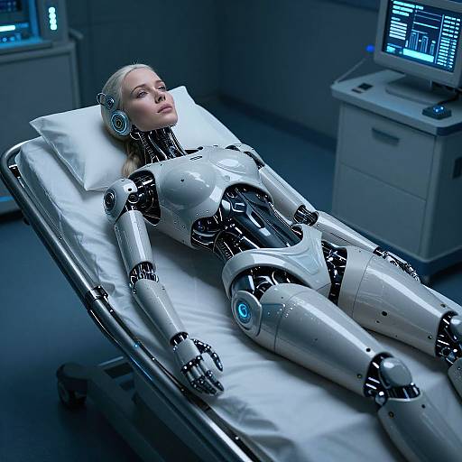 Photorealistic CGI: Blonde female robot with silver and black mechanical limbs lies on a hospital bed, head back, in a dimly lit room with