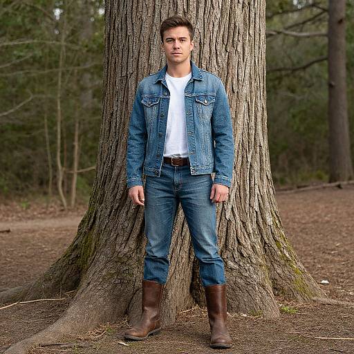 Photograph of a young man with short brown hair, wearing a denim jacket, white shirt, blue jeans, and brown boots, standing against a large