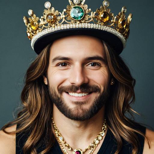 Smiling Man Wearing Decorative Golden Crown and Jewelry