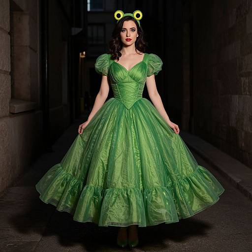 Photograph of a fair-skinned woman with dark hair, wearing a vibrant green, puffed-sleeve, ball gown with a corset bod