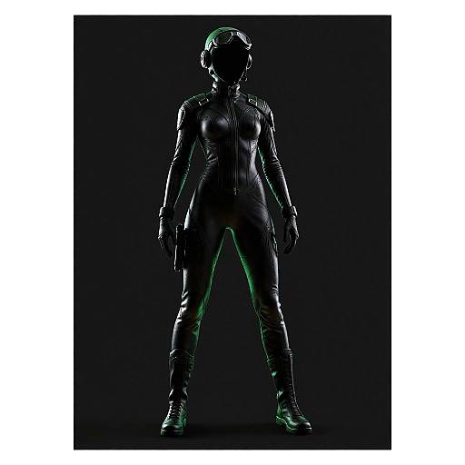 Silhouetted female figure in black, form-fitting suit with green accents, standing confidently against a dark background, digital art style.