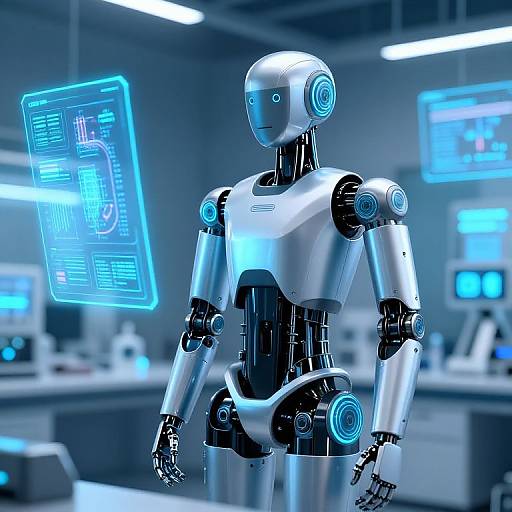 Photorealistic CGI of a futuristic, silver and black humanoid robot with glowing blue eyes and joints, standing in a high-tech lab with holographic blue