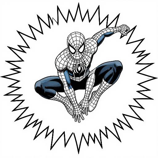 Digital illustration of Spider-Man in a web-suit, mid-leap, surrounded by black jagged lightning bolts, against a white background.