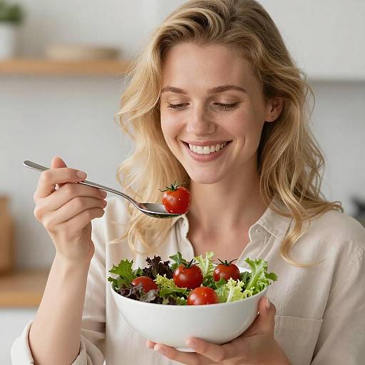Smiling Woman Eating Fresh Salad