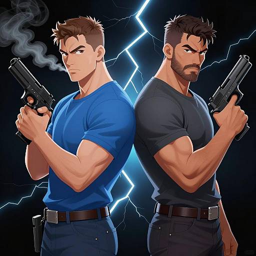 Intense Duo with Guns in Action