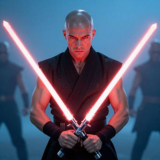 Muscular Warrior with Red Lightsabers
