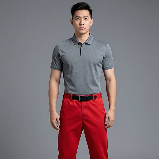Photograph of a muscular Asian man with short black hair, wearing a gray polo shirt and bright red pants, standing against a plain gray background.