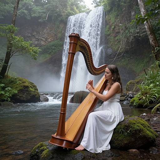 Photograph of a woman with long brown hair in a white dress, playing a wooden harp by a misty waterfall in a lush, green forest