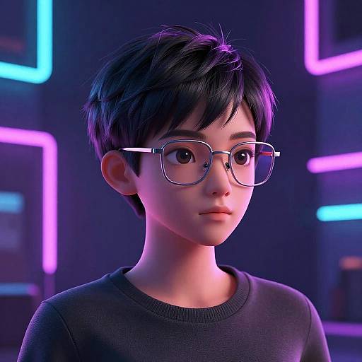 Digital illustration of a young Asian boy with short black hair, large glasses, and a black sweater, set against a neon-lit background.