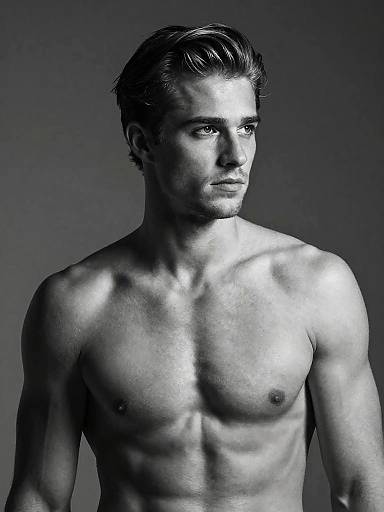Black-and-white photograph of a shirtless, muscular, handsome man with short, dark hair and defined abs, gazing slightly to the right.