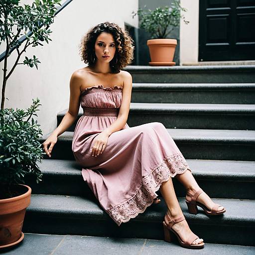 Woman in Dusty Rose Strapless Maxi Dress Sitting on Steps