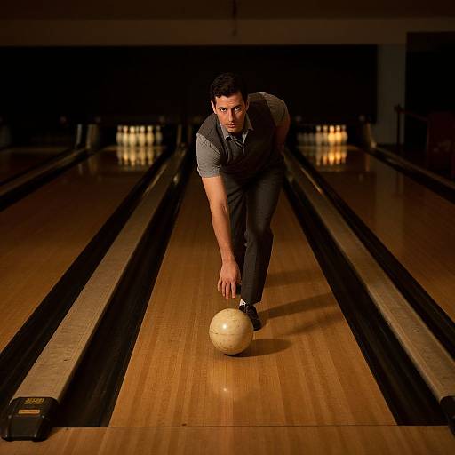 Photograph of a focused, dark-haired man in a grey shirt and black pants, crouching to roll a wooden bowling ball down a dimly