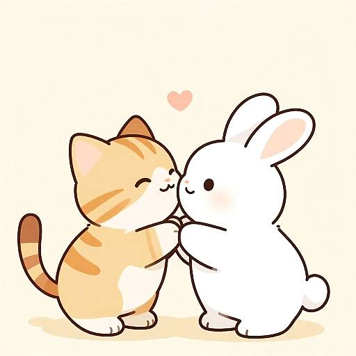 Adorable digital drawing of a cute orange-striped cat and white bunny kissing with a small pink heart above them.