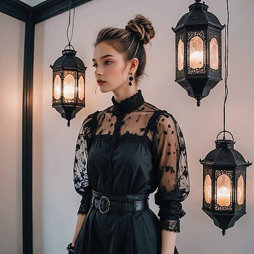 Elegant Woman in Black Lace Outfit with Lanterns