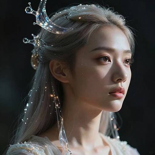 Digital portrait of an ethereal woman with glowing silver hair, adorned with crystal-like water droplets, in a dark, luminous background.