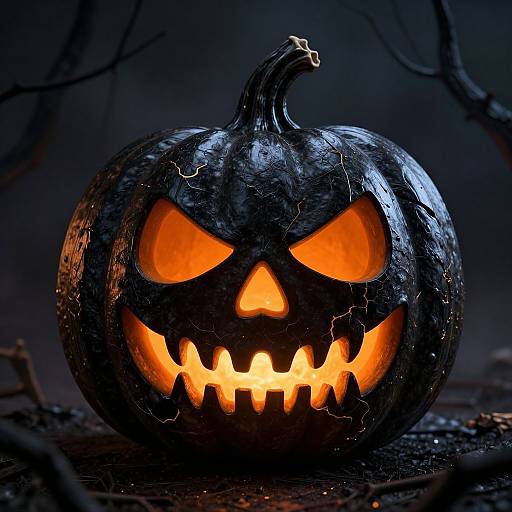 Photograph of a black, cracked jack-o'-lantern with glowing orange eyes, nose, and teeth, set against a dark, eerie background of