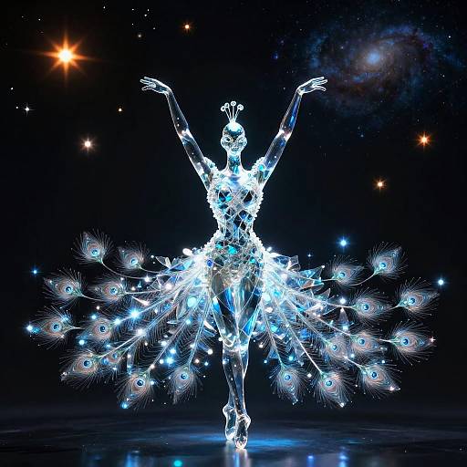 Glittering digital ballerina with peacock feathers, arms raised, against a starry night sky. Bright blue and white lights create a magical