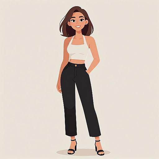 Digital illustration of a smiling woman with medium-length brown hair, wearing a white crop top, high-waisted black pants, and black sandals, standing