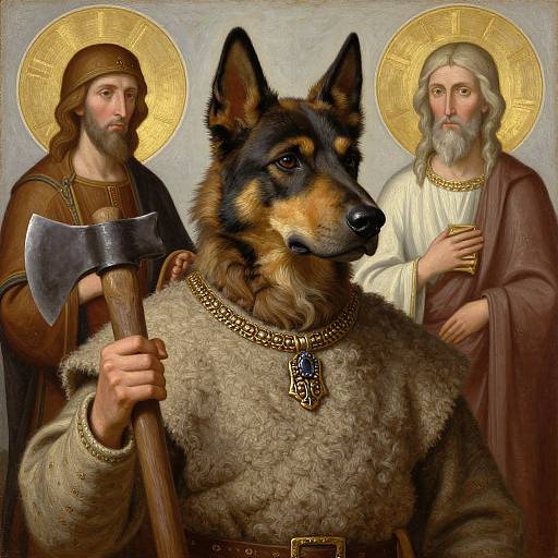 Digital art: Anthropomorphic German Shepherd with axe, fur robe, and gold necklace, flanked by bearded biblical figures with halos, in medieval