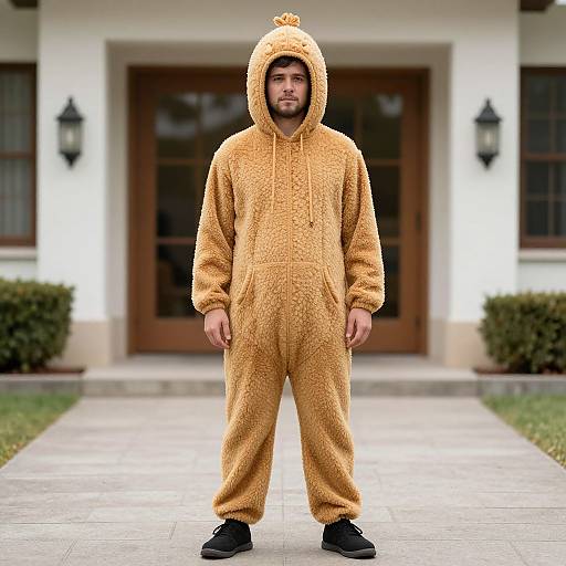 Photograph of a bearded man standing on a concrete path in front of a house, wearing a fluffy, orange, bear-themed onesie with a