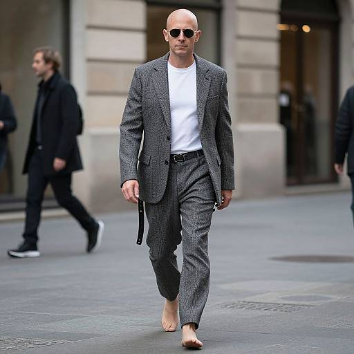 Photograph of a bald man in a gray houndstooth suit, white t-shirt, black sunglasses, and bare feet, walking confidently on a