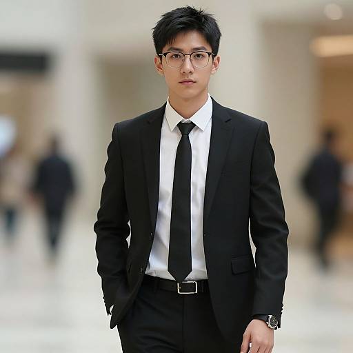 Photograph of an Asian man with short black hair, glasses, and black suit with white shirt and black tie, walking in a brightly lit, blurred