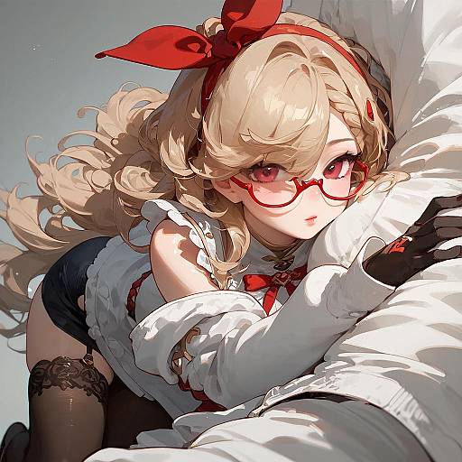 Digital anime-style illustration of a blonde girl with red glasses, red bow, white blouse, black shorts, and lace stockings, lying on a white pillow