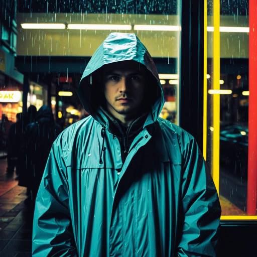 Man in Raincoat Under Neon Lights