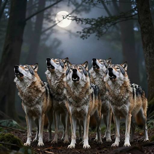 Photograph of four howling wolves with thick, brown, gray, and white fur standing in a dark, misty forest under a glowing full moon