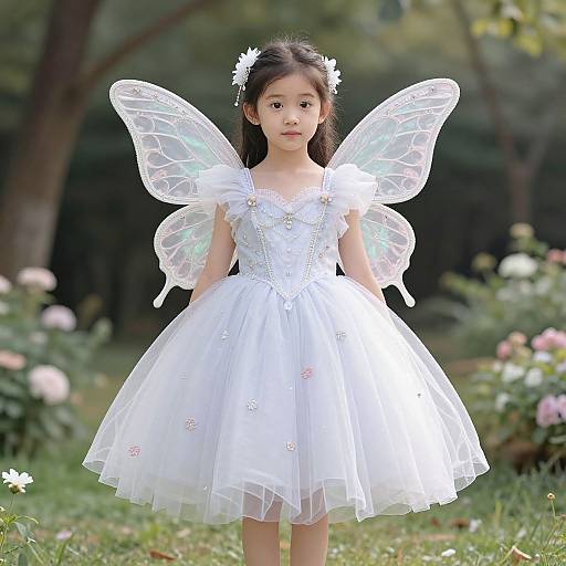 Photograph of an Asian young girl with dark hair, wearing a white fairy dress and iridescent butterfly wings, standing in a lush garden with pink