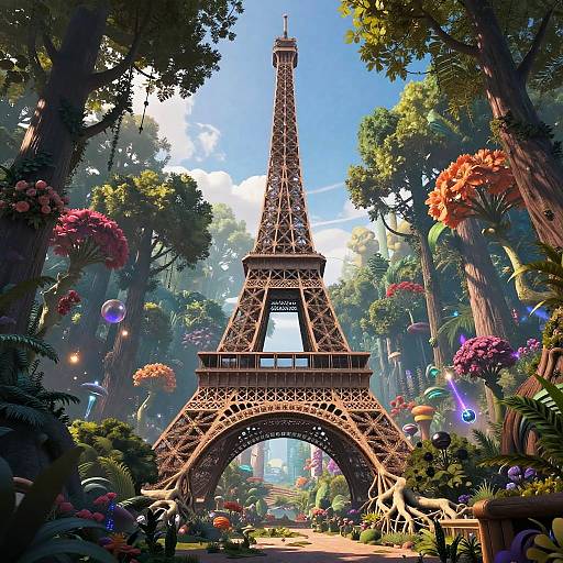 Digital art of the Eiffel Tower in a vibrant, fantasy forest with colorful flowers, glowing orbs, and lush greenery.