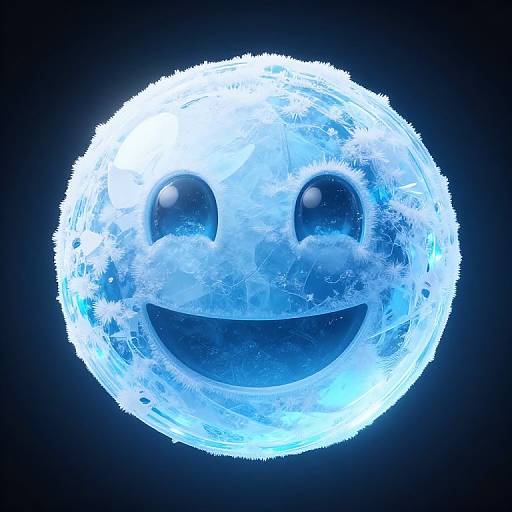 Glowing blue, icy sphere with large, black, oval eyes and a wide, smiling mouth against a dark background. Digital CGI artwork.