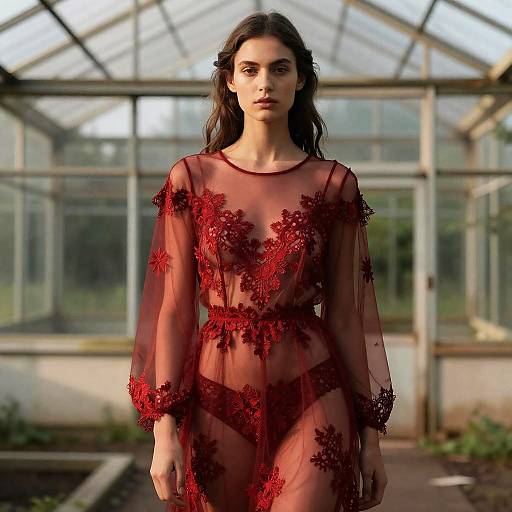 Sheer Red Dress in Abandoned Greenhouse