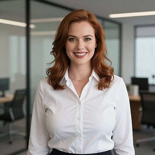 Photograph of a smiling, red-haired woman with wavy hair, wearing a white button-up shirt, standing in a modern office with glass walls and
