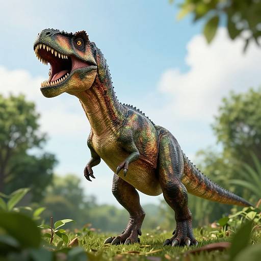 Photorealistic CGI of a roaring, green and orange-striped velociraptor standing on grass, with a bright blue sky and lush trees in the background