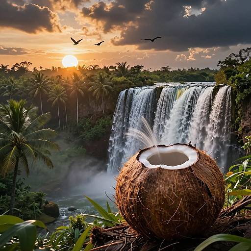 Photograph of a tropical sunset with a waterfall, surrounded by lush palm trees, and a cut-open coconut in the foreground. Birds fly in the vibrant
