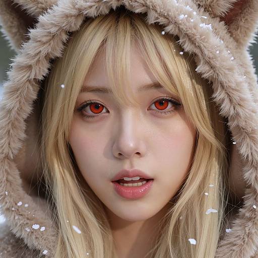 Photograph of a young Asian woman with blonde hair, red eyes, and fair skin, wearing a fluffy brown hooded coat with cat ears, snow