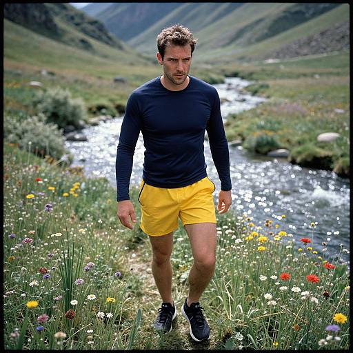 Photograph of a fit, bearded man in a black long-sleeve shirt and yellow shorts, walking through a vibrant, flower-filled meadow